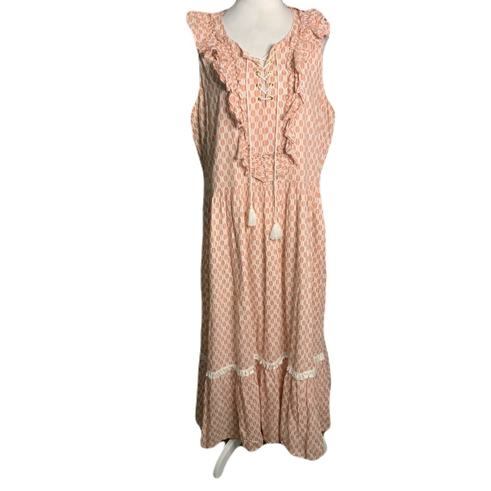 Kate Spade XL Light Pink White Lace Up Tassel Ruffle Detail Arrow Midi Dress